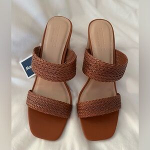 Cushionaire brand Cognac color double strap open square toe heels